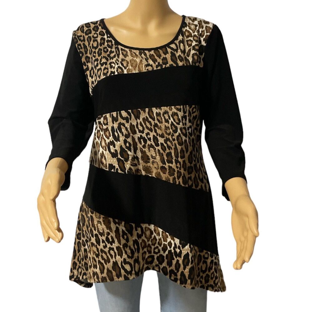 Notations Womens 3/4 Sleeve Top with Leopard Print Black Multicolor Sz/ S - Picture 2 of 10